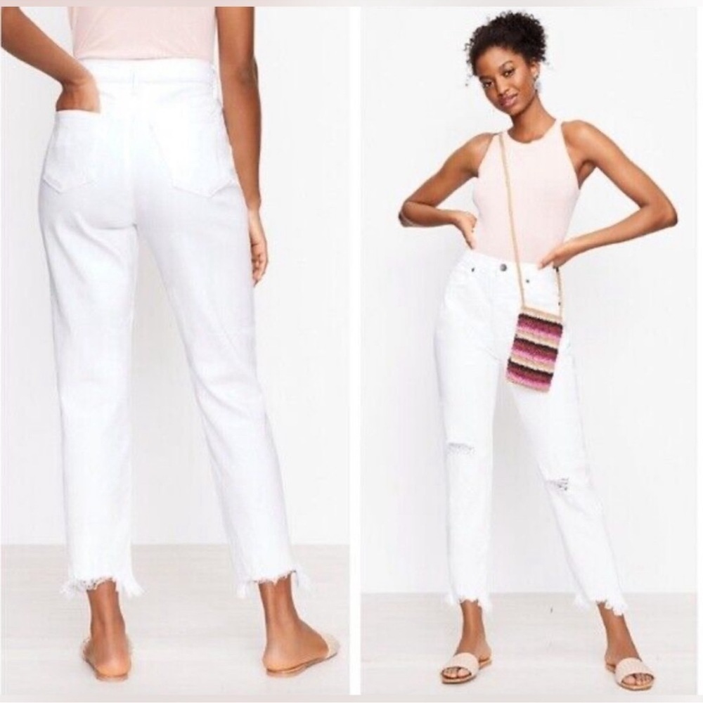 Ann Taylor LOFT The 90s Straight High Rise Distressed Raw Hem Jean White